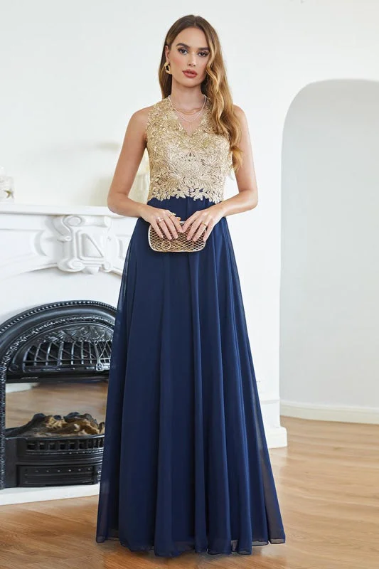 Elegant V-Neck Chiffon Long Evening Dress Sleeveless Gold Appliques Aline Special Occasion Dress