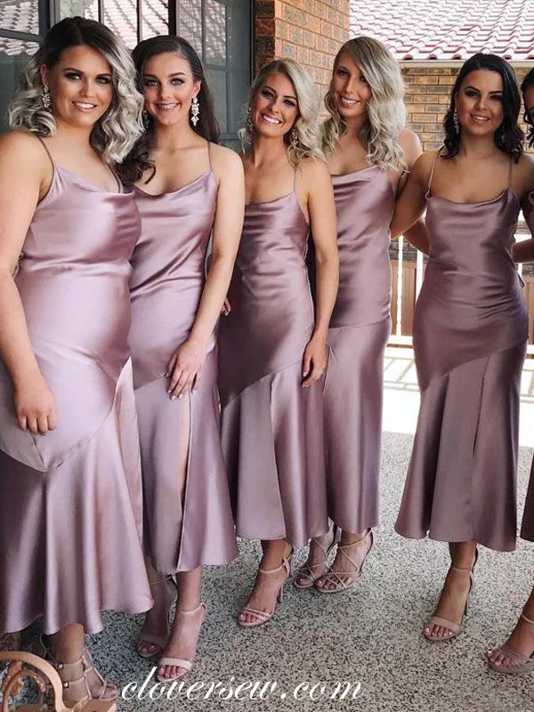 Fashion Lilac Elastic Satin Sheath Tea Length Bridesmaid Dresses, CB0201