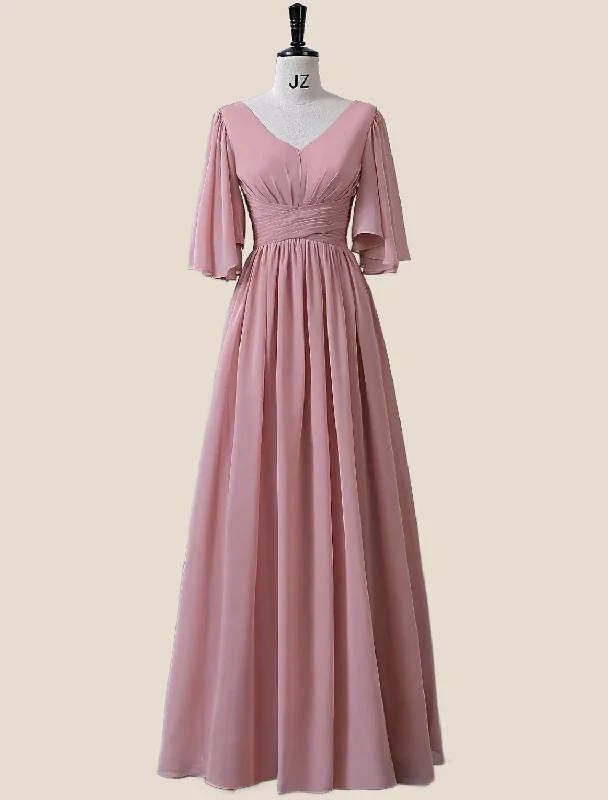 Flare Sleeves Blush Pink Pleated Long Dress