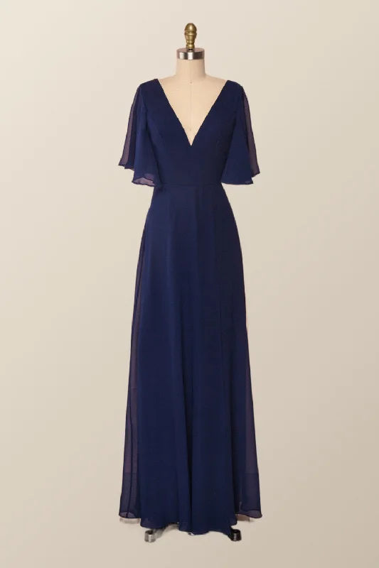 Flare Sleeves Navy Blue Chiffon Long Bridesmaid Dress