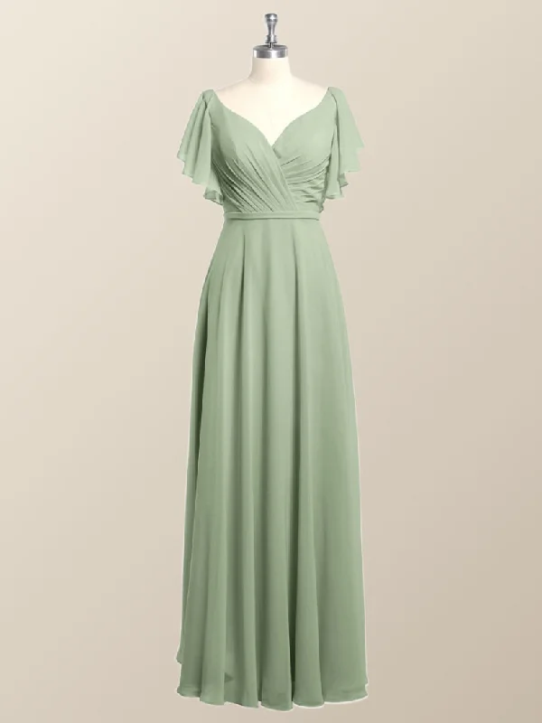 Flutter Sleeves Sage Green Chiffon A-line Long Bridesmaid Dress