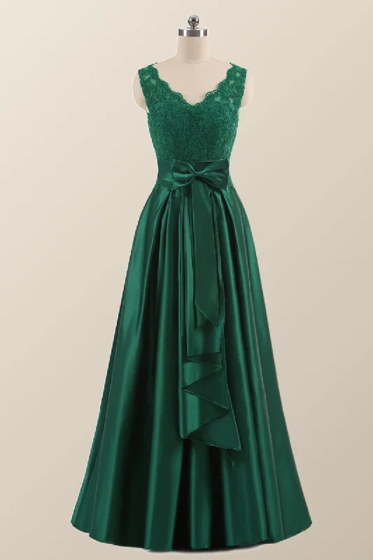 Green Lace and Satin A-line Long Formal Dress