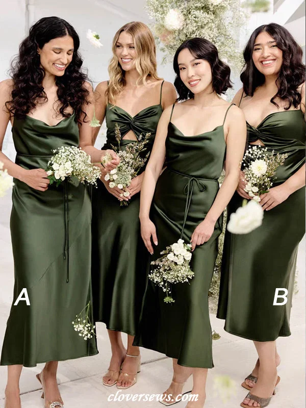 Green Silk Satin Spaghetti Strap Mismatched Column Tea Length Bridesmaid Dresses, CB0310