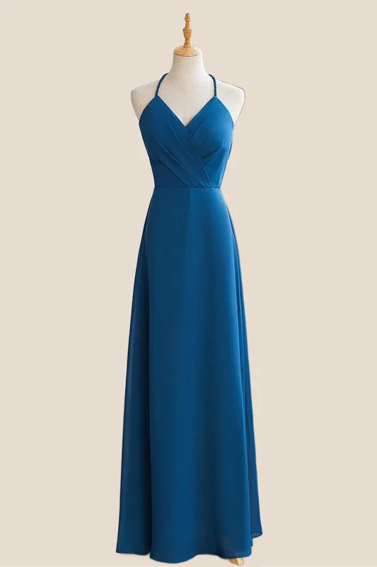 Halter Blue Chiffon A-line Long Bridesmaid Dress