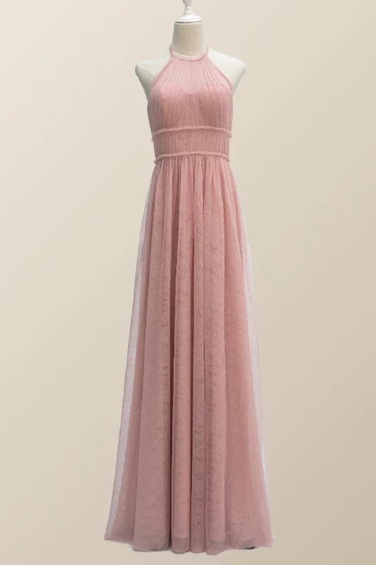 Halter Blush Pink Tulle Long Bridesmaid Dress