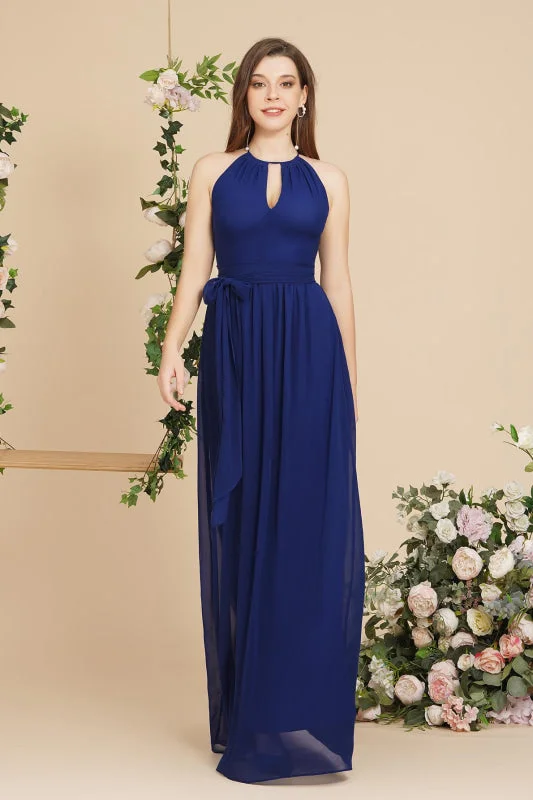 Halter Chiffon Aline Bridesmaid Dress with Sash Elegant Floor Length Formal Dress