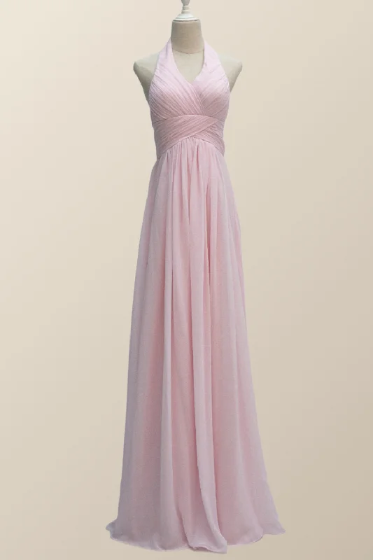 Halter Pink Chiffon A-line Long Bridesmaid Dress