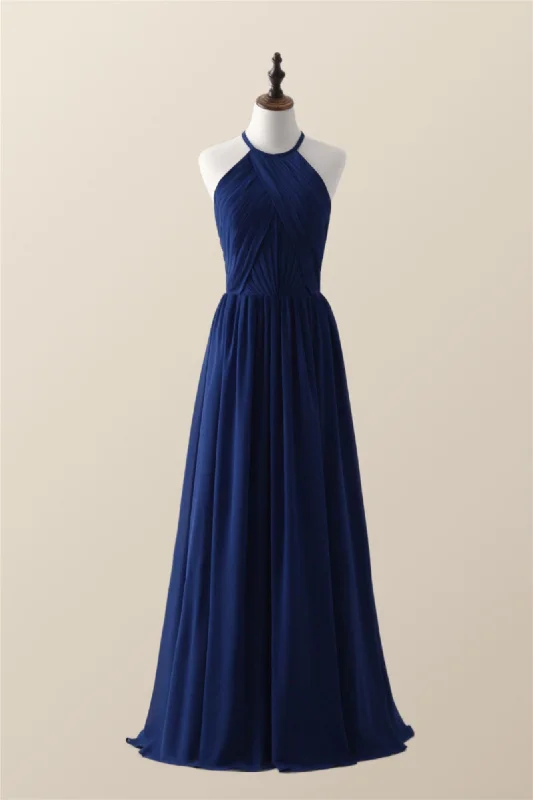 Halter Royal Blue Pleated Long Bridesmaid Dress