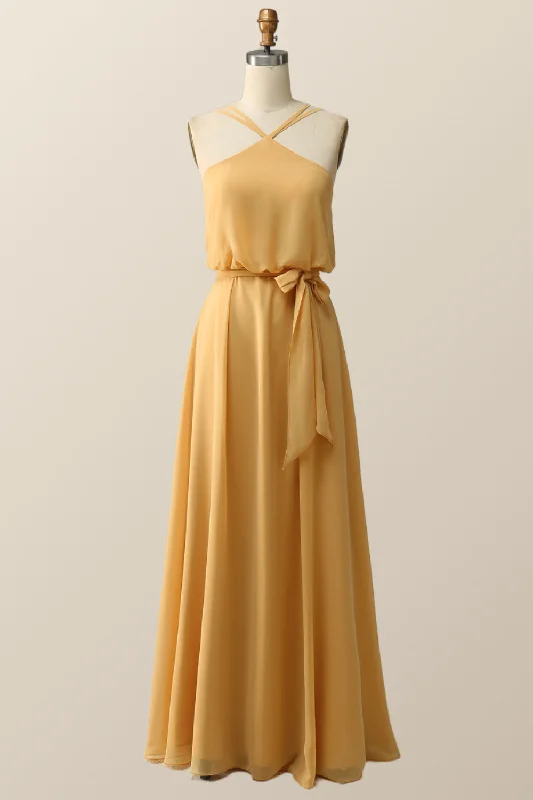 Halter Straps Yellow Chiffon Long Bridesmaid Dress