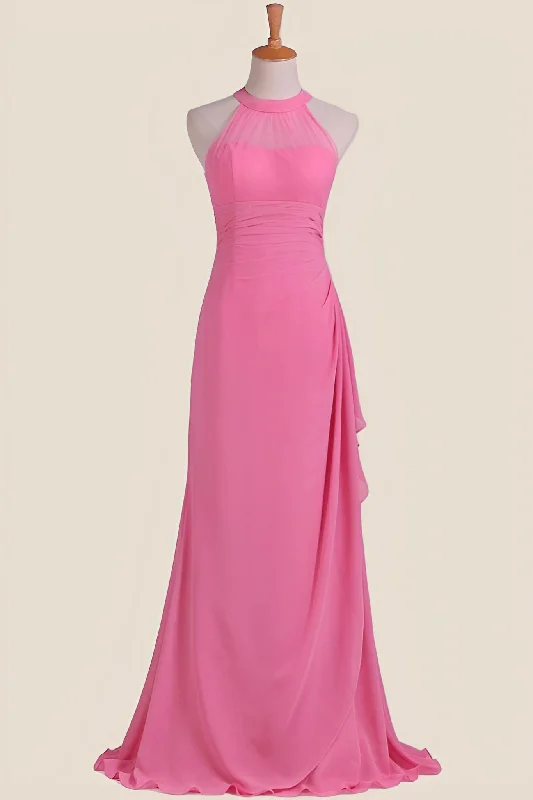 Hot Pink Halter Chiffon Draped Long Dress