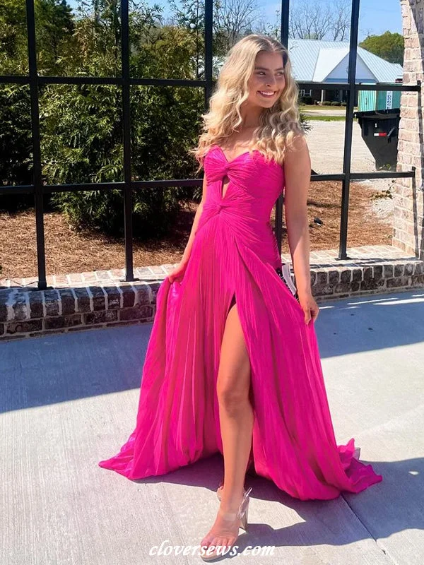 Hot Pink Pleating Chiffon Sweetheart Strapless A-line With Side Slit Long Bridesmaid Dresses, CB0323