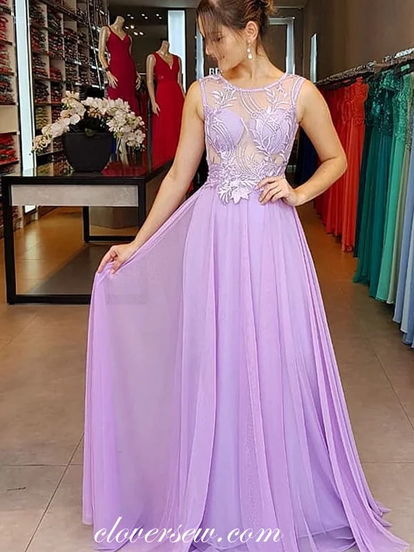 Lilac Chiffon Lace Illusion Top Round Neck Bridesmaid Dresses, CB0246