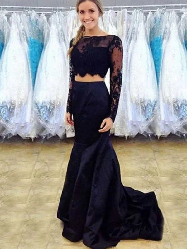 Long Sleeves Mermaid Scoop Neck Two Pieces Lace Black Prom, Long Sleeves Black Formal, Black Two Pieces Lace Evening