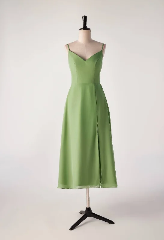 Matcha Green Straps Tea Length Bridesmaid Dress