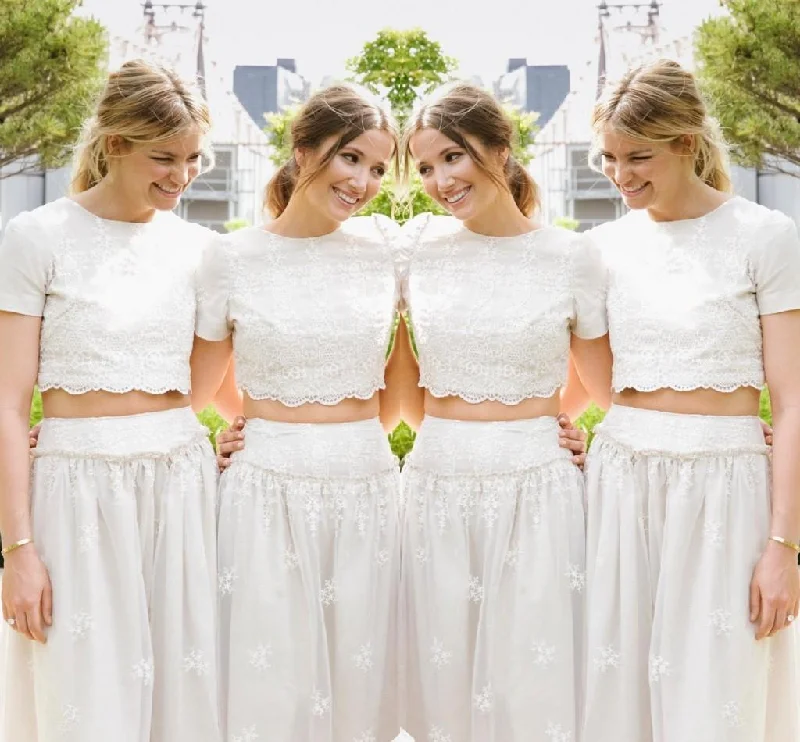 Modern White Two Piece A-line 2018 Bridesmaid Dress Lace Short Sleeve Jewel-326235