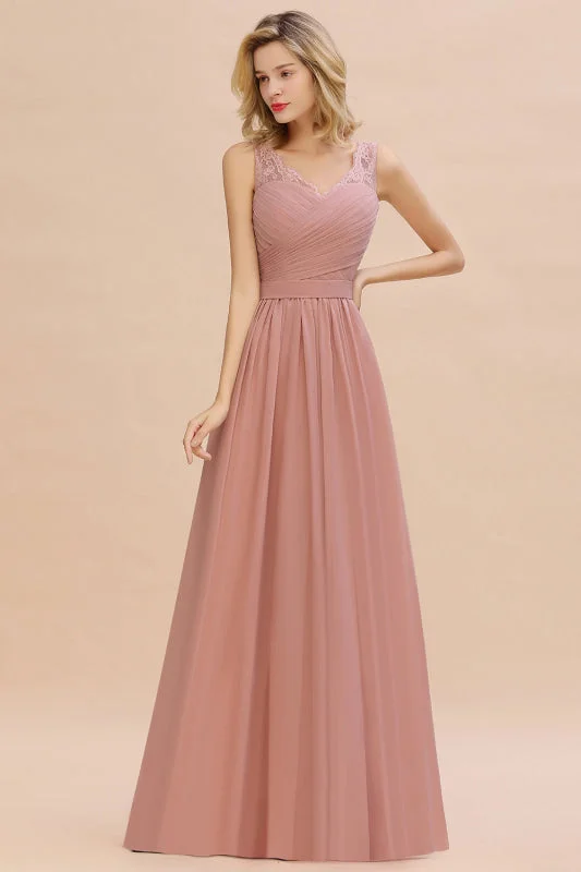 Modest Floral Lace A-line Bridesmaid Dress V-Neck Floor Length Ruched Chiffon Wedding Guest Dress