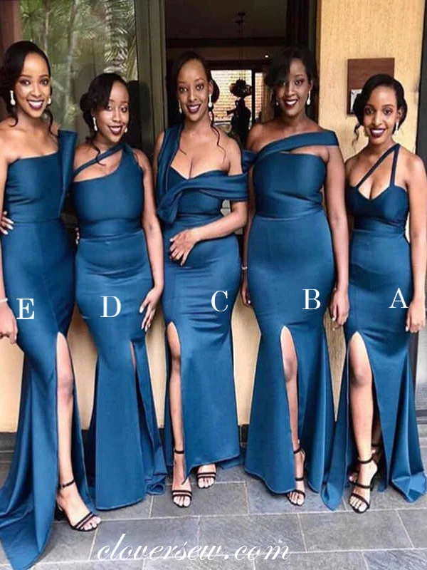 Navy Elastic Satin Mismatched Sheath Side Slit Bridesmaid Dresses, CB0192