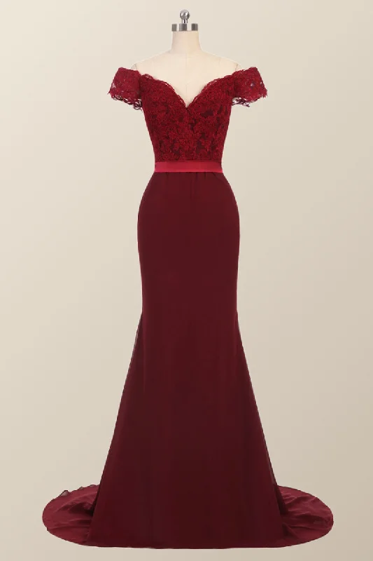 Off the Shoulder Burgundy Mermaid Long Formal Dress