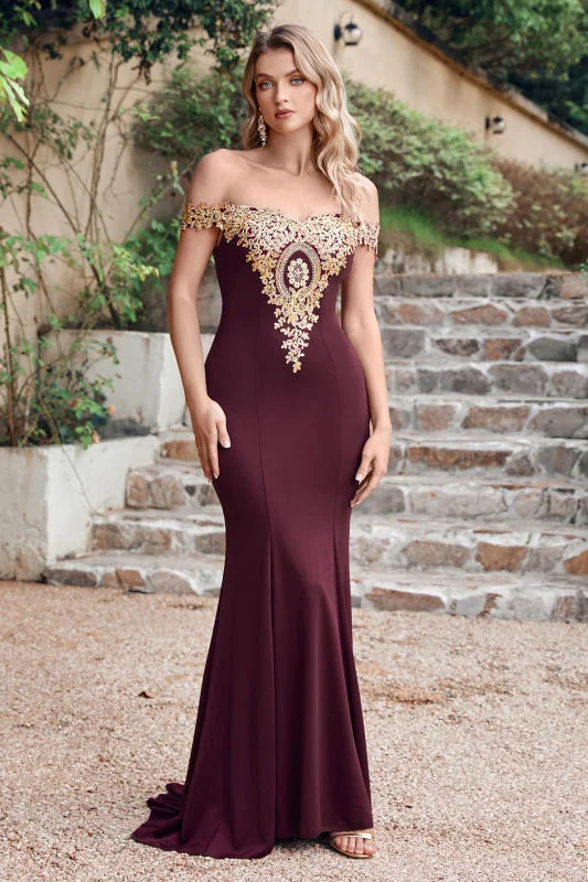 Off-the-Shoulder Formal Gown Gold Lace Applique Floor Length Mermaid Evening Dress