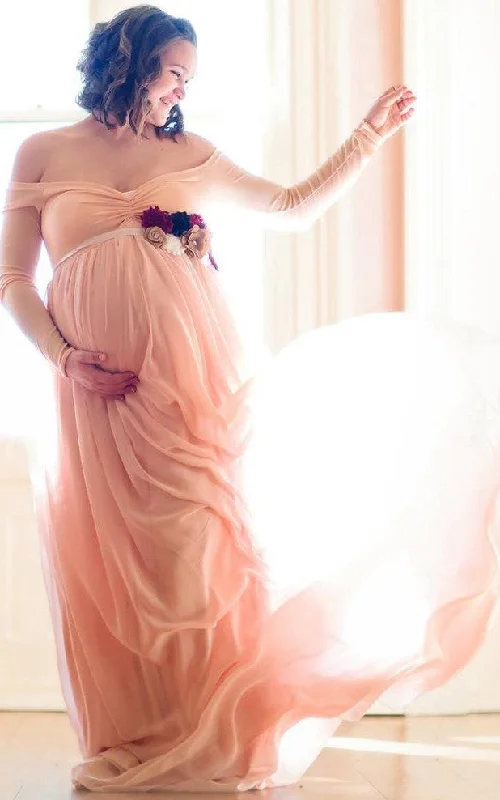 Off-the-shoulder Long Sleeve Chiffon Maternity Dress With Split Front&Split-105846