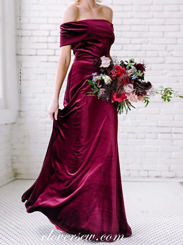 Off The Shoulder Maroon Velvet Fashion Bridesmaid Dresses, CB0208