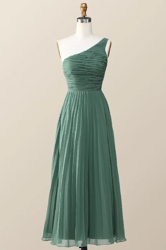 One Shoulder Eucalyptus Chiffon Long Bridesmaid Dress