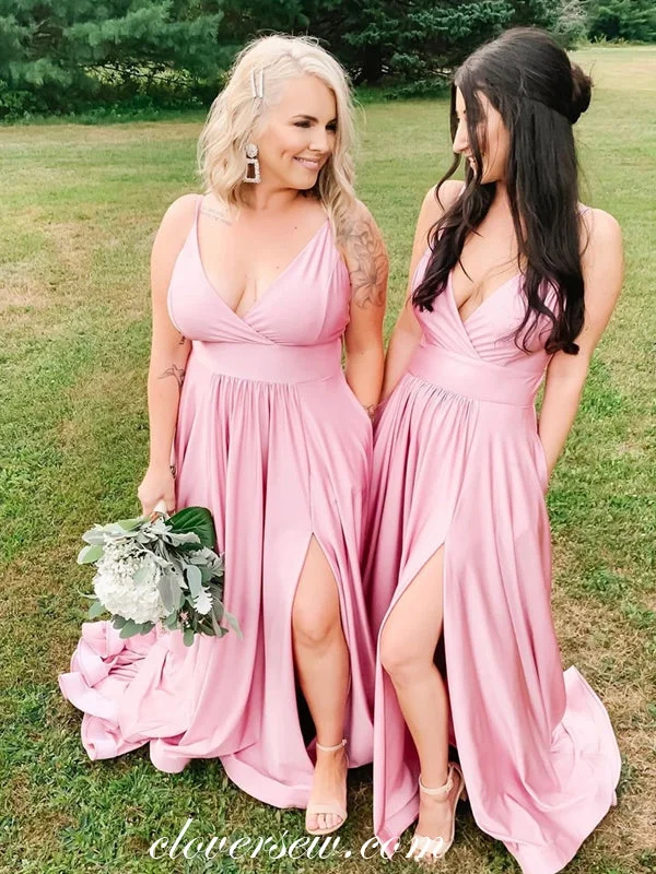 Pink V-neck Side Slit A-line Bridesmaid Dresses With Pockets, CB0252