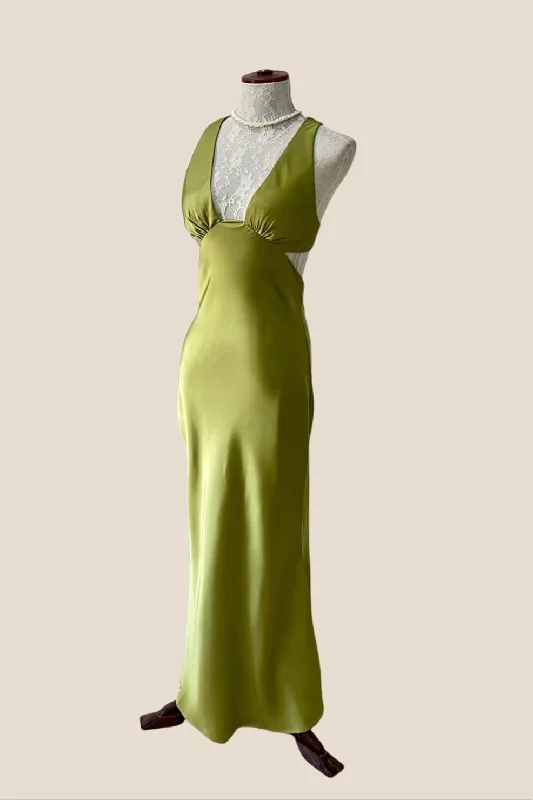 Plunge Neck Green Cutout Sheath Long Dress