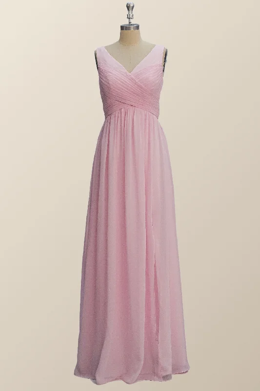 Princess Pink Pleated V Neck Long Bridesmaid Dress