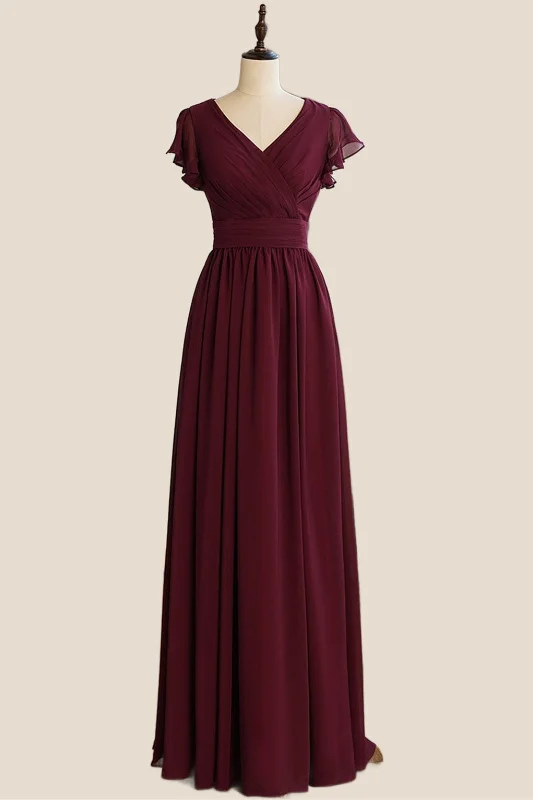 Ruffle Sleeves Burgundy Chiffon Long Bridesmaid Dress