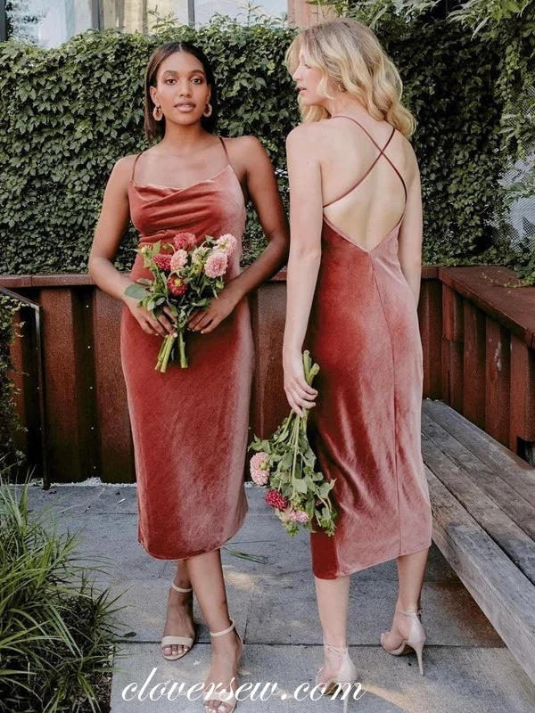 Rust Red Velvet Spaghetti Strap Sheath Short Bridesmaid Dresses, CB0221