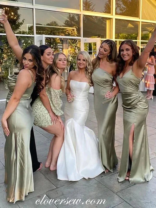 Sage Green Elastic Satin Spaghetti Strap Mismatched Long Bridesmaid Dresses, CB0280