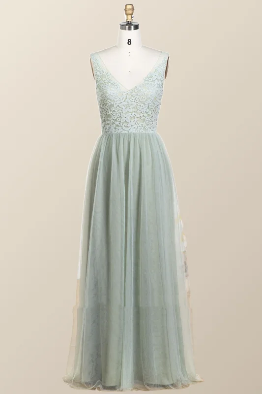 Sage Green Lace and Tulle Long Bridesmaid Dress