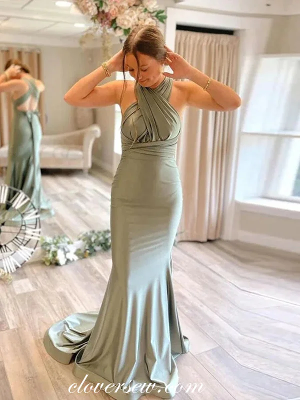 Sage Green Stylish Convertible Straps Mermaid Long Bridesmaid Dresses, CB0281