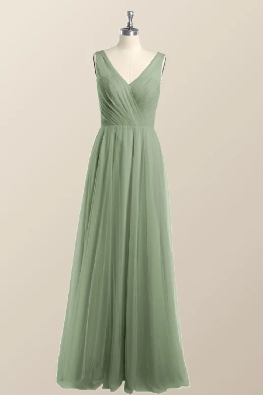 Sage Green V Neck A-line Long Bridesmaid Dress