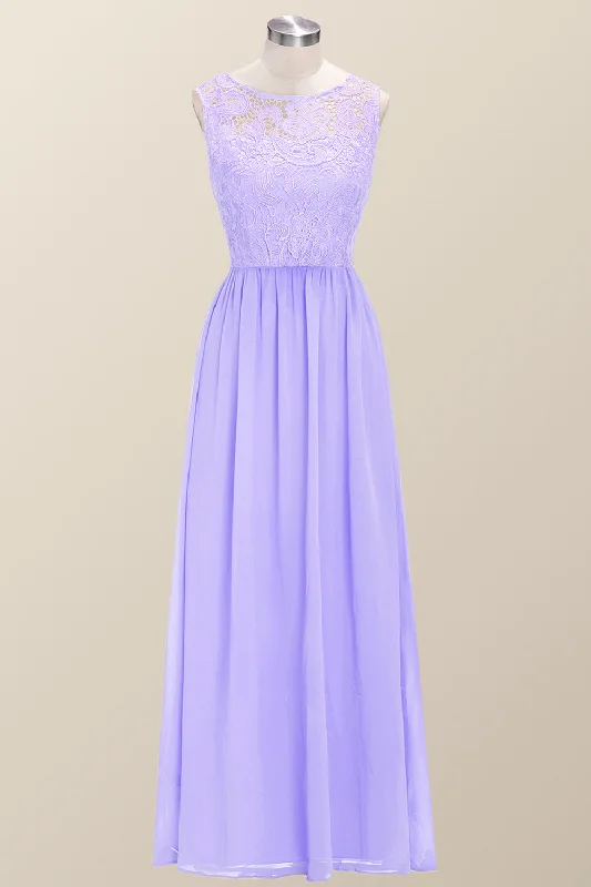 Scoop Lavender Lace and Chiffon Long Bridesmaid Dress