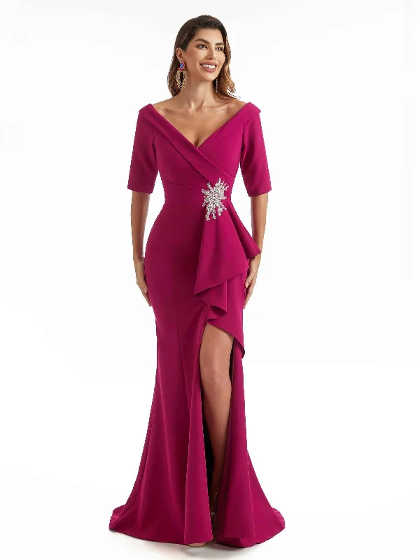 Sexy Side Split Mermaid Short Sleeves Stretchy Crepe Long Formal Bridesmaid Dresses