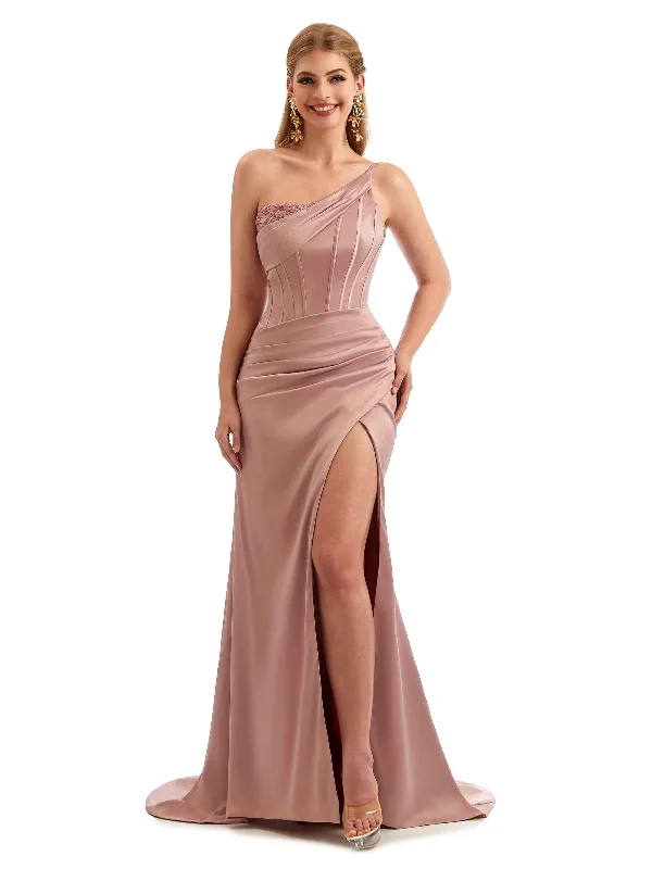 Sexy Side Split One Shoulder Boho Chic Satin Formal Bridesmaid Dresses Online