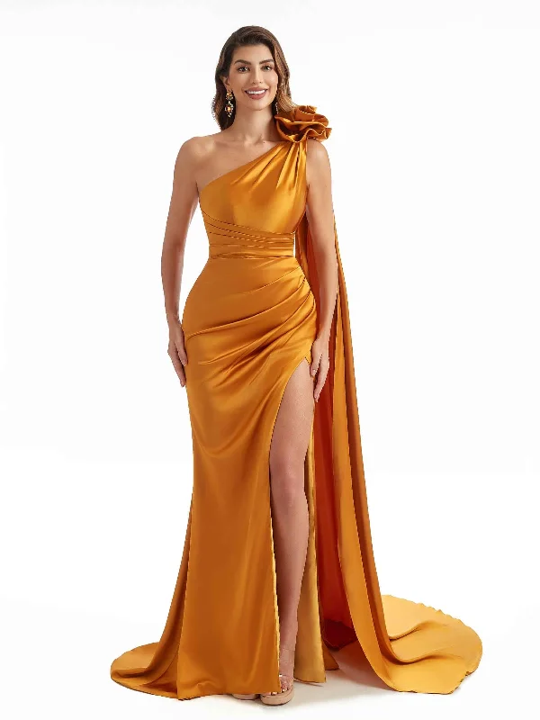 Sexy Side Split One Shoulder Mermaid Long Bridesmaid Dresses In Satin