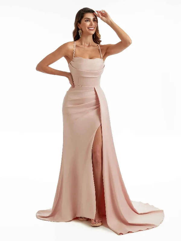 Sexy Side Split Spaghetti Straps Mermaid Long Satin Formal Pleated Bridesmaid Dresses