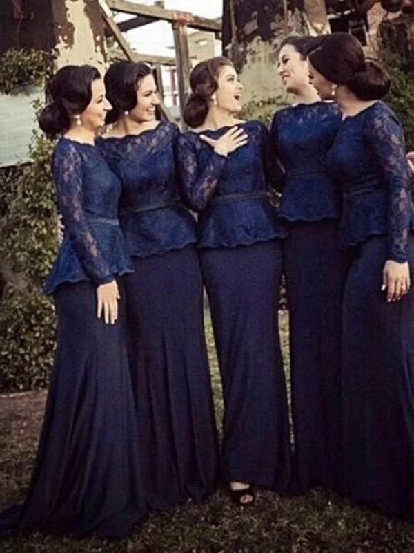 Sheath Bateau Long Sleeves Sweep Train Lace Chiffon Bridesmaid Dresses-314003