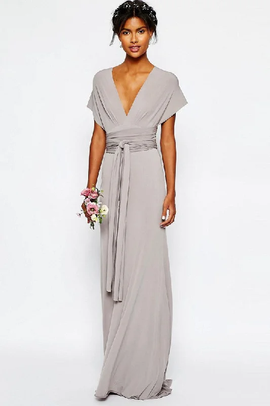 Sheath V-Neck Sash Floor-Length Short-Sleeve Jersey Bridesmaid Dress-MK_100686