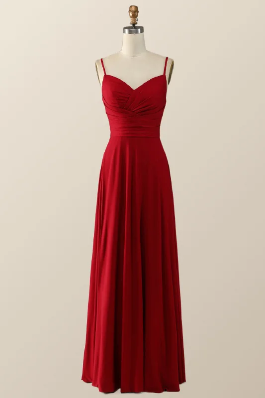 Simply Red Pleated Satin Long Bridesmaid Dress