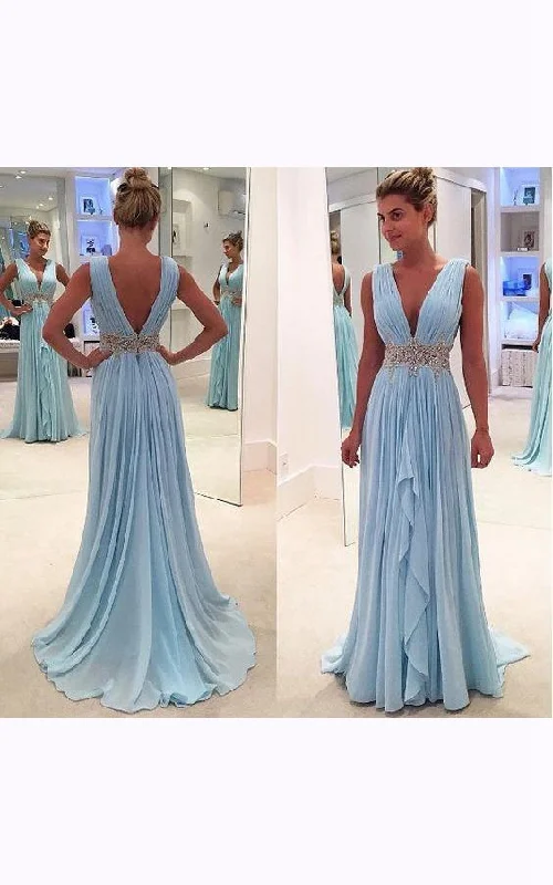 Sleeveless V-neck Long Chiffon Ruffled Dress with V-back-107313