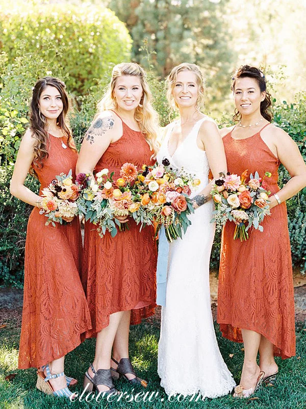 Spaghetti Strap Orange Lace High Low Bridesmaid Dresses, CB0214