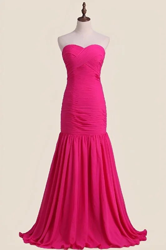 Strapless Hot Pink Pleated Mermaid Long Party Dress