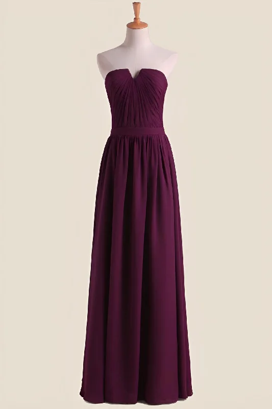 Strapless Grape Pleated Chiffon A-line Long Bridesmaid Dress