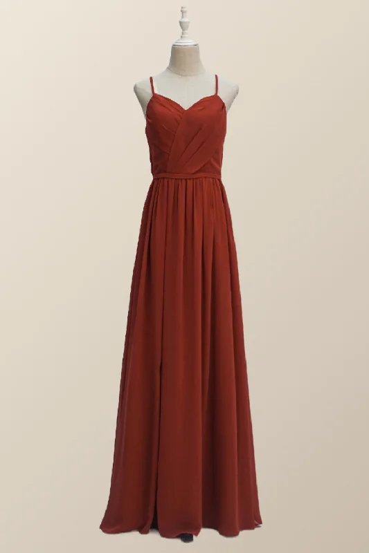 Straps Burnt Orange Chiffon A-line Long Bridesmaid Dress