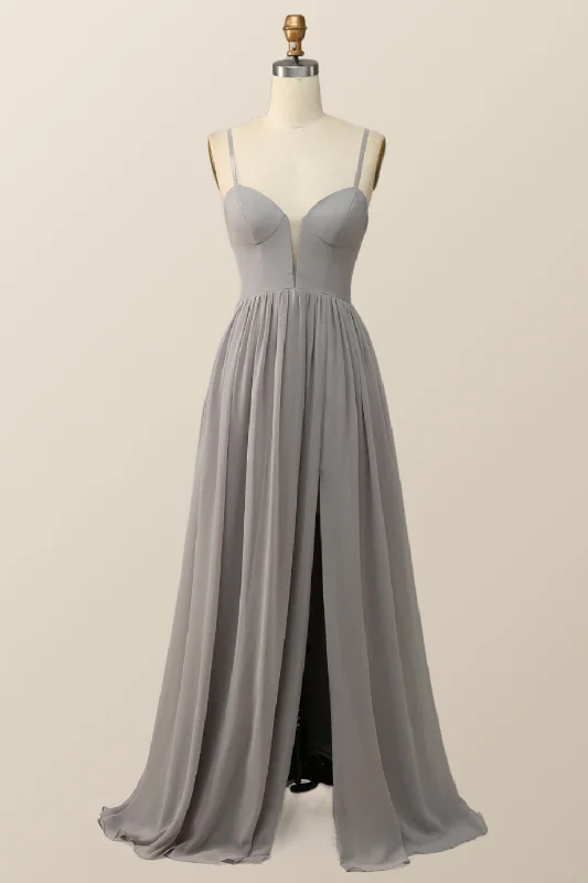 Straps Grey Chiffon A-line Long Bridesmaid Dress