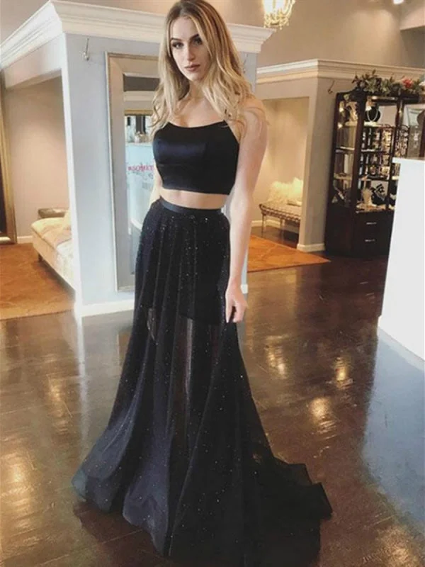 Two Piece Spaghetti Straps Mermaid Cross Back Satin Black Long Prom, 2 Pieces Black Formal, Black Graduation